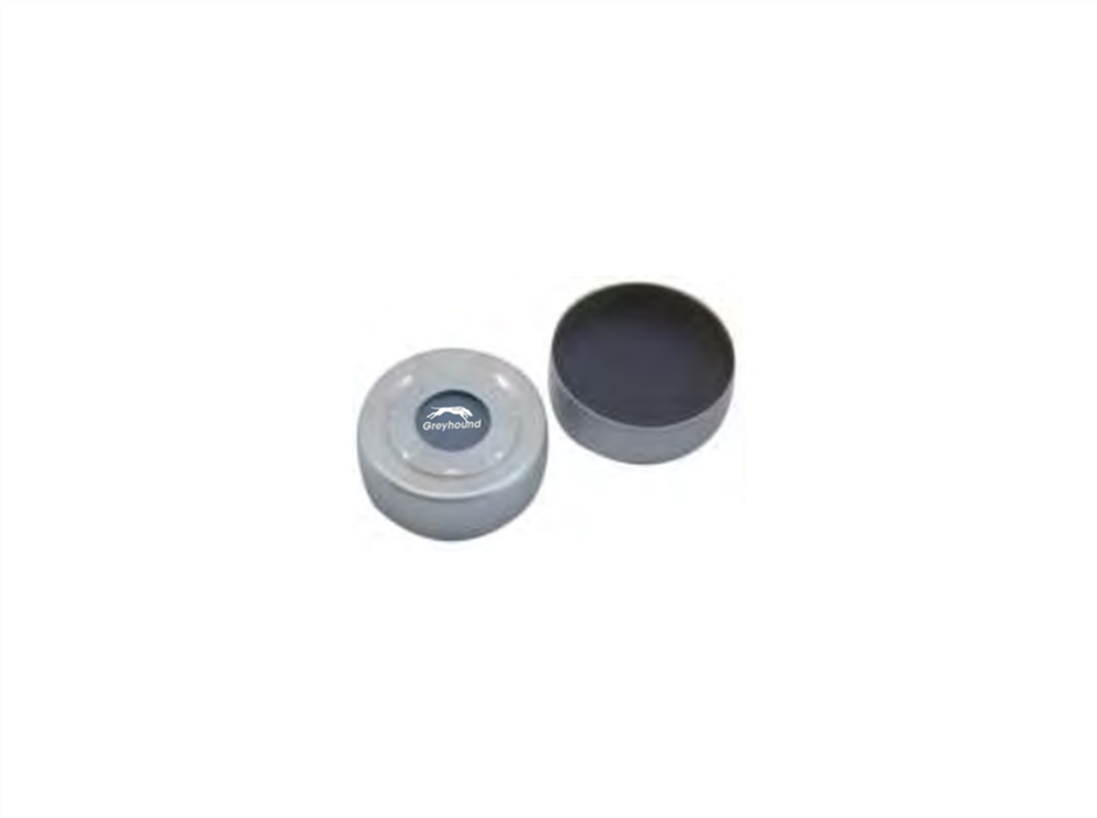 Picture of 20mm Aluminium Headspace Crimp Cap (Silver), Open Hole, with Pre-fitted PTFE/Grey Butyl Septa. 3mm, (Shore A 50)